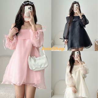 Đầm Áo trễ vai voan 2 lớp ,váy áo babydoll trễ vai nơ tiểu thư phong cách ulzzang hàn quốc ANIESHOP688