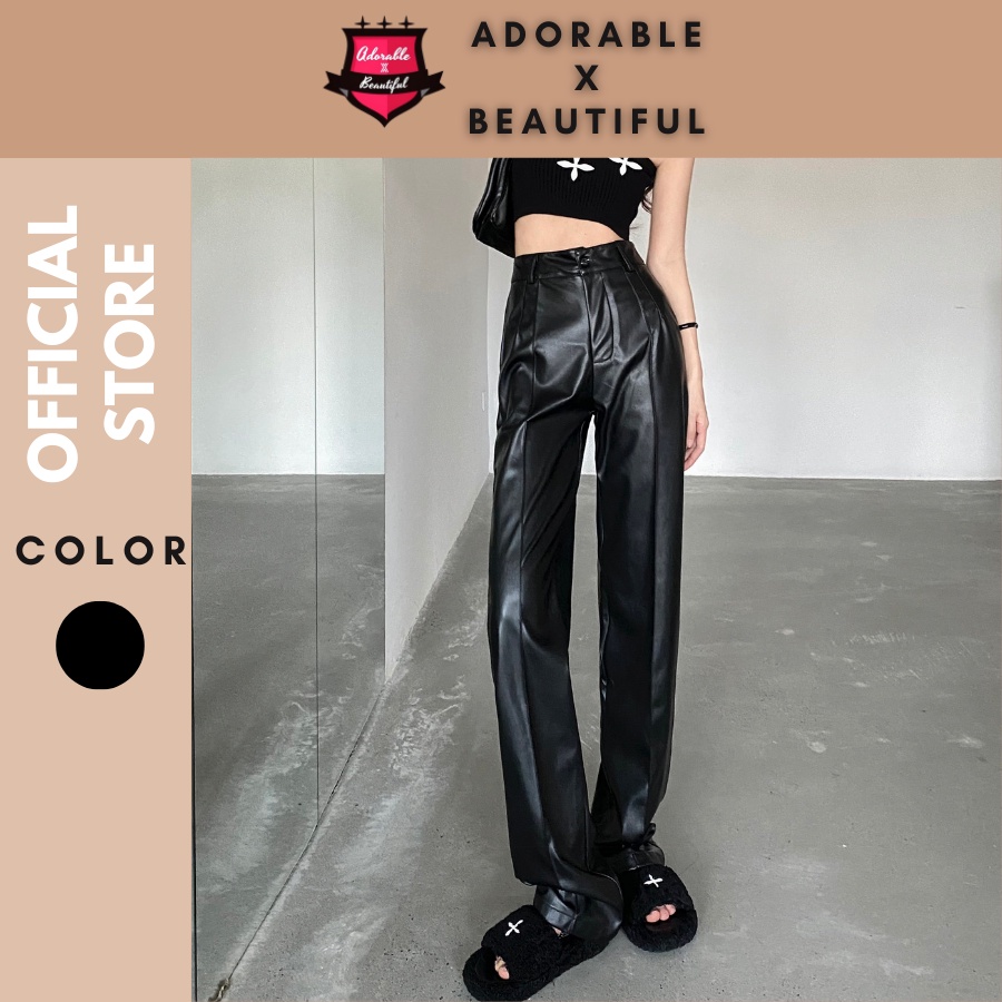 [Có Sẵn] Quần Da PU Nữ Ống Suông Đen Trơn [3382] Quần Dài Chât Da PU Ống Rộng Trendy Ulzzang [Adorab