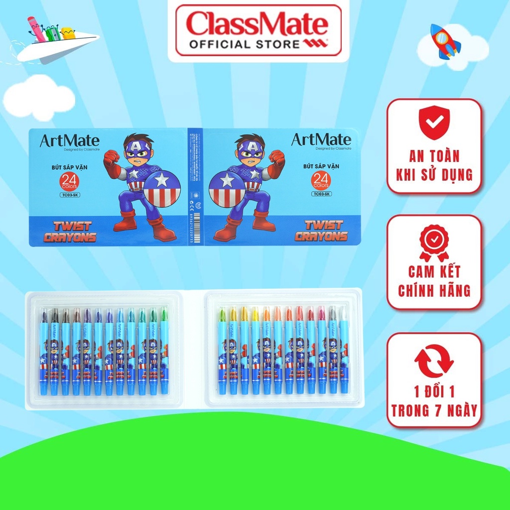 Bút Sáp Vặn CLASSMATE Thiết Kế Super Kid, Bộ 12 -24 Chiếc Màu Sắc Chuẩn, Bám Giấy Tốt Cho Bé Tập Tô TC01/TC02/TC03-SK