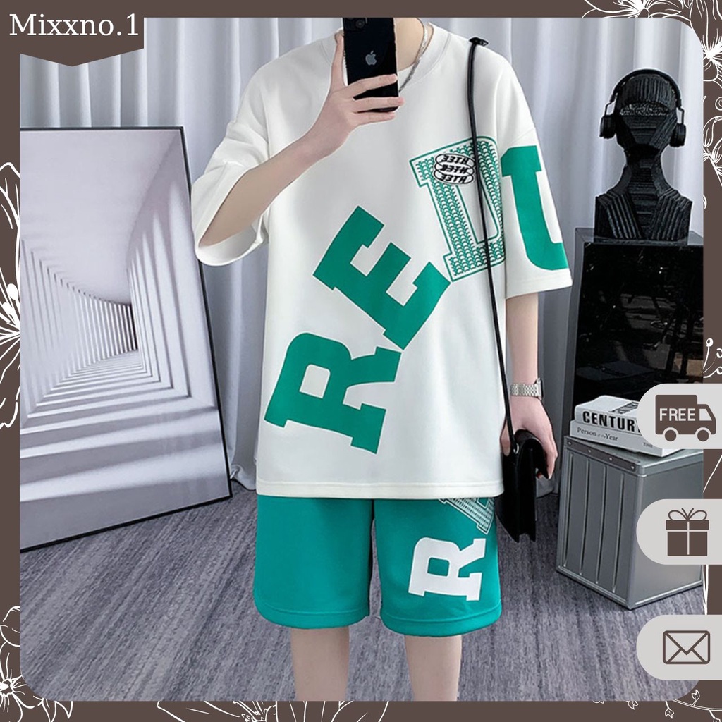 Bộ Đồ Nam Mùa Hè Áo Thun Tay Ngắn Cổ Tròn Kèm Quần Short Hình In Lớn REDU Thời Trang Mixxno.1 QA NAM 135