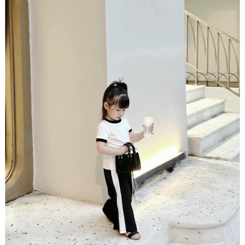 Đồ bộ bé gái, set áo trắng kèm quần ống xuông dài Hotgirl cho bé 10-28kg chất tăm dày mềm.