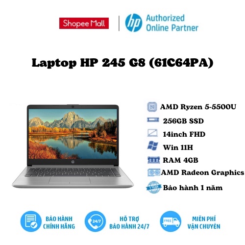 Laptop HP 245 G8/ Silver/ AMD Ryzen 5-5500U (up to 4.0Ghz, 8MB)/ AMD Radeon Graphics/14inch FHD/ 3Cell/ Win 11H/ 1Y