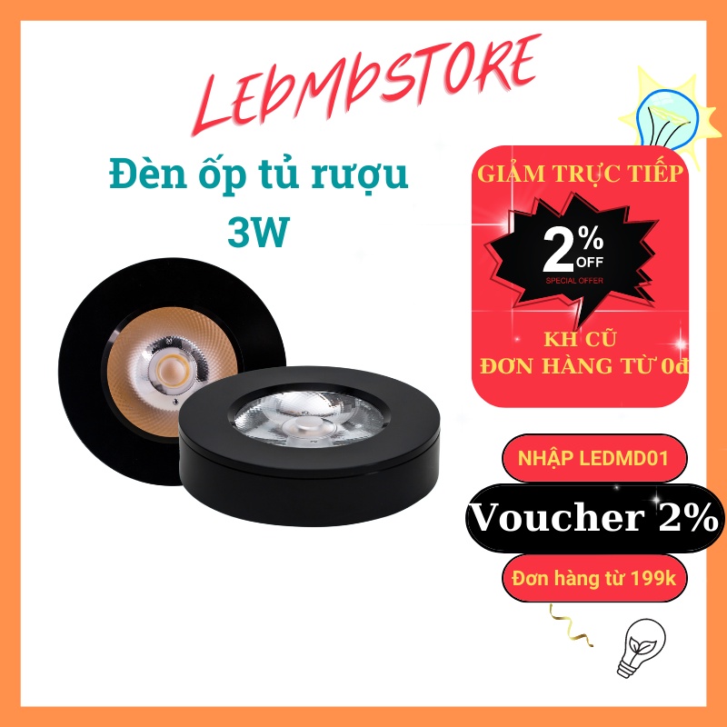 Đèn ốp nổi 3W vỏ đen, chiếu điểm, trang trí tủ kính, tủ trưng bày, tủ quần áo, tiết kiệm không gian