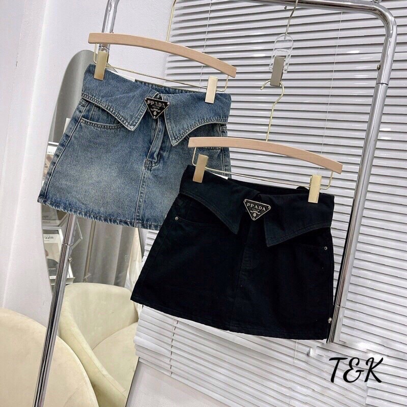 Chân váy jeans cạp gập kèm đai hàng QCL1