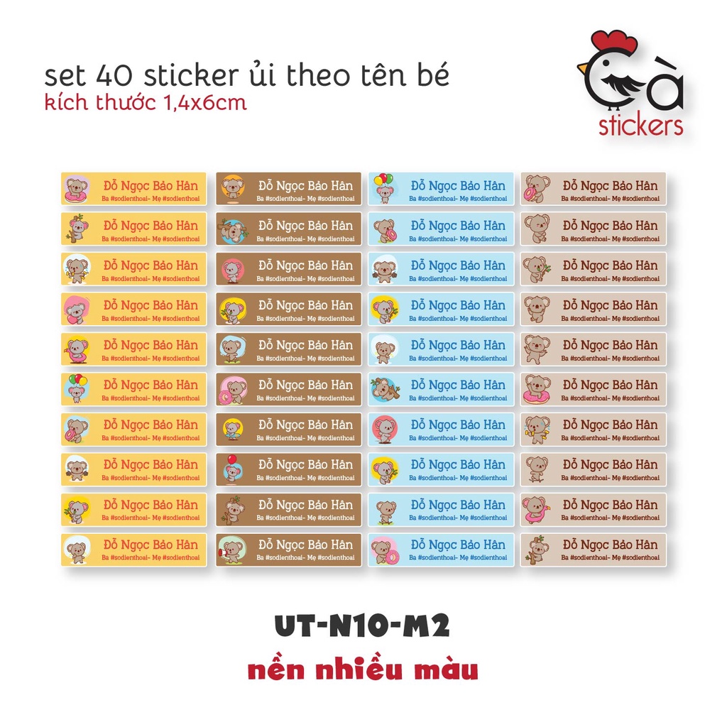 Sticker ủi áo in tên trẻ em GaStickers UT-N10- bộ 40 miếng kích thước 1,4 x 6 cm