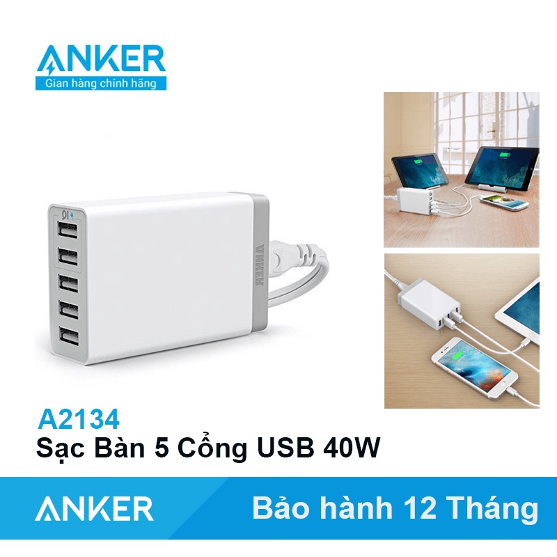 Sạc để bàn ANKER PowerPort 5 Cổng USB 25W Công nghệ IQ - A2134 Sạc để Bàn Anker Shop Bảo hành 12 tháng