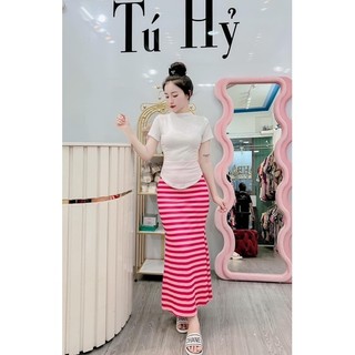 Sét váy sọc đuôi cá áo cổ lọ