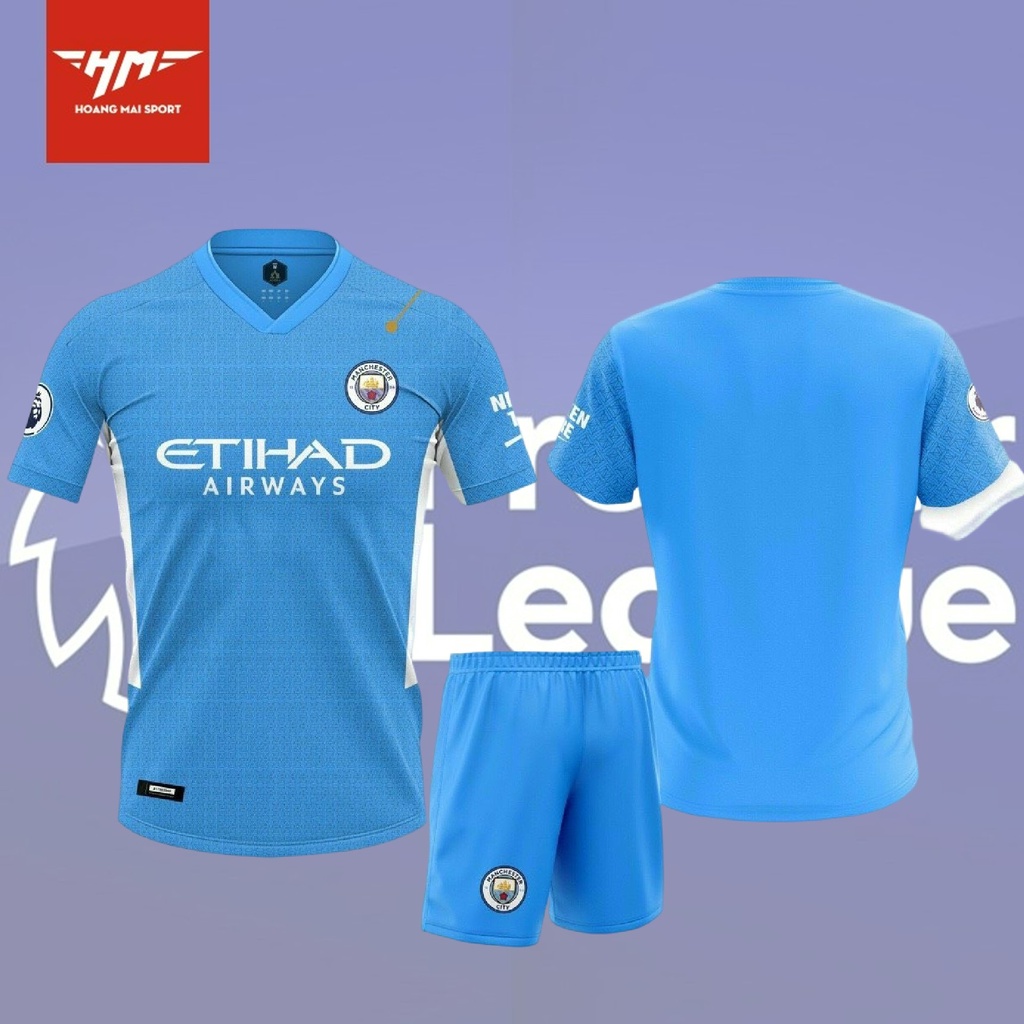 Set quần áo bóng đá Man City Xanh viền trắng ở sườn chất thun thái
