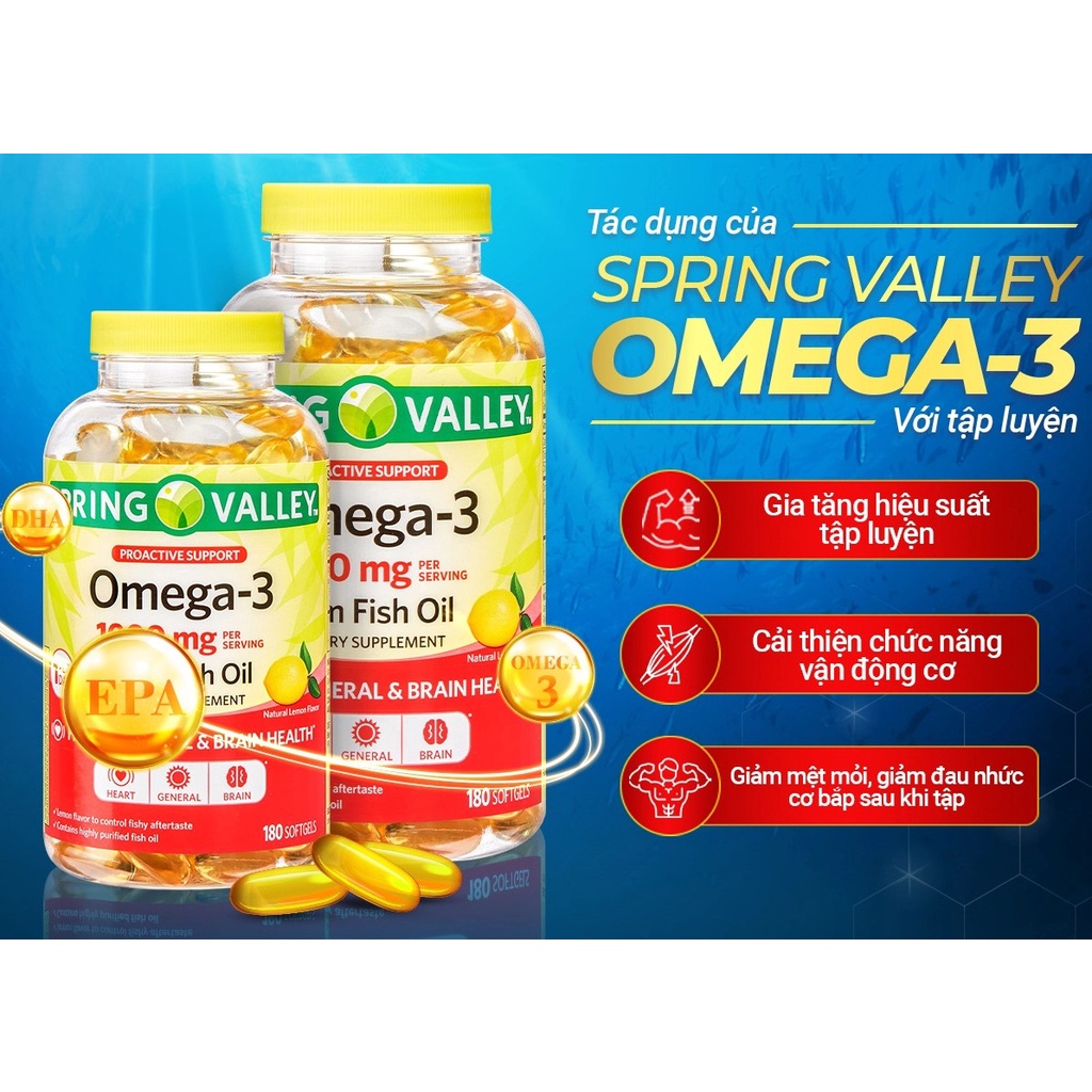 Viên uống dầu cá OMEGA-3 1000mg 180 viên hàm lượng EPA, DHA cao hỗ trợ sáng mắt bổ não hương chanh từ hãng SPRING VALLEY