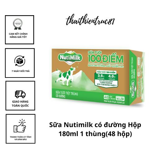 Sữa Tươi Tiệt Trùng 100 Điểm Có Đường Nutimilk 180ml Date 8/2023