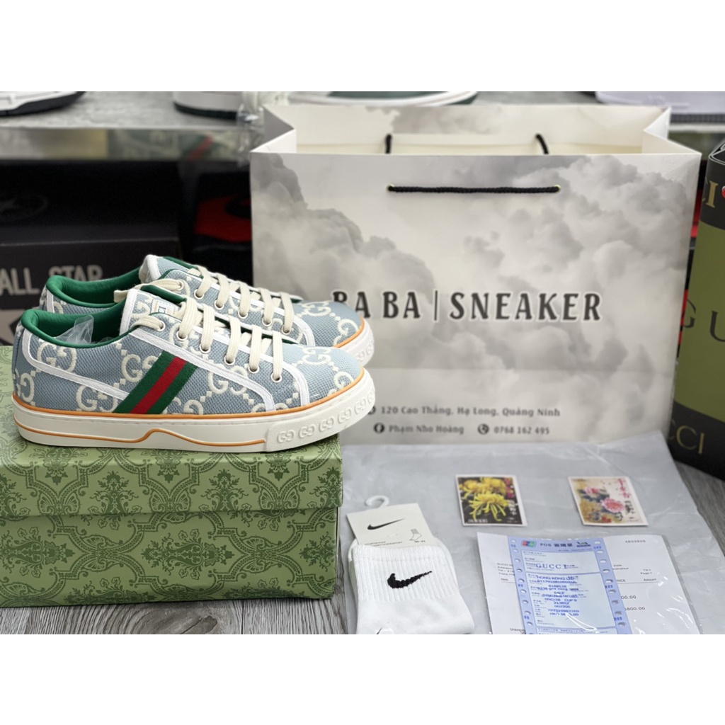 Giày Cao Cấp Thể Thảo Gucci Wmns Tennis 1977 'Light Blue' Viền Cam Xinh Ảnh Thật + freeship + Tặng Tất