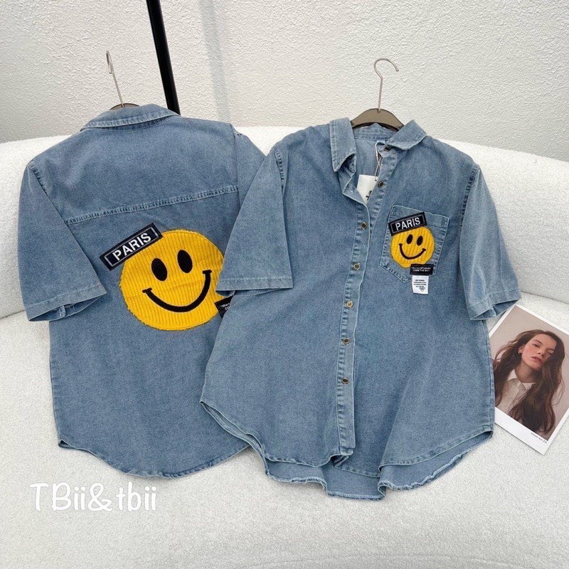 Áo sơ mi bò, sơ mi jean xanh cộc tay mặt cười thêu đáp nổi nguyên miếng xịn xò mẫu Hot trend 2023