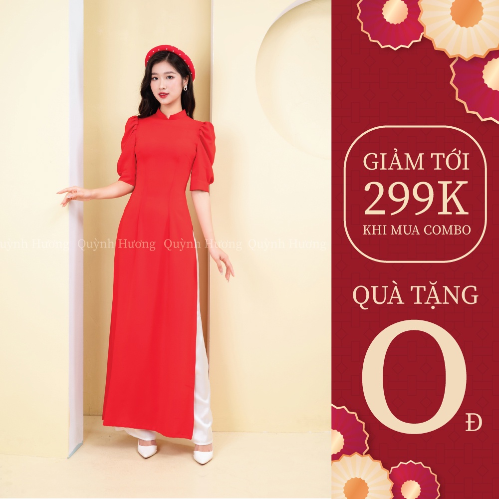 Áo dài lụa cổ vuông tay bồng màu đỏ by Quỳnh Hương