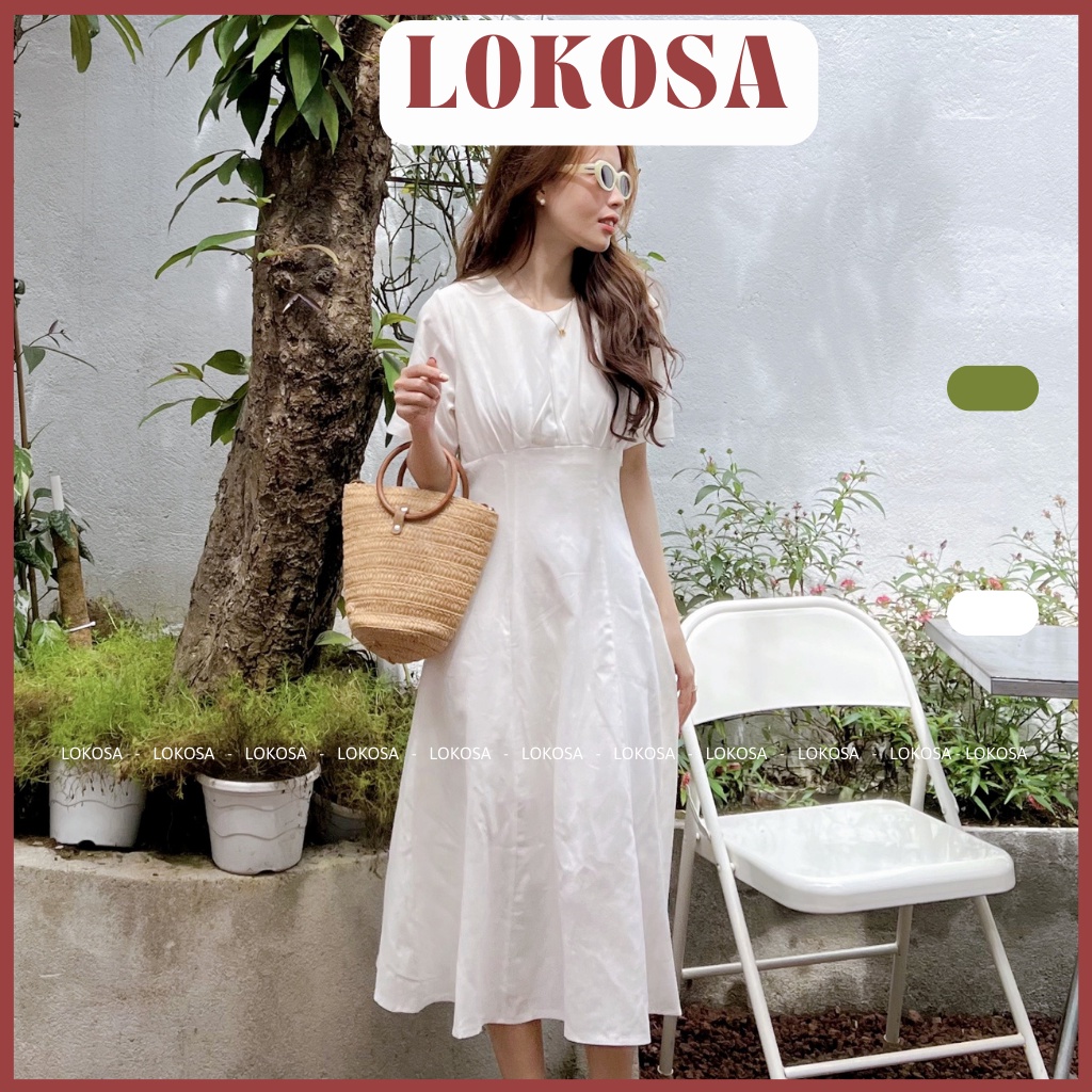 Đầm Linen midi Cổ Tròn Nhún Ngực LOKOSA váy công sở thanh lịch sang trọng VD007 | BigBuy360 - bigbuy360.vn