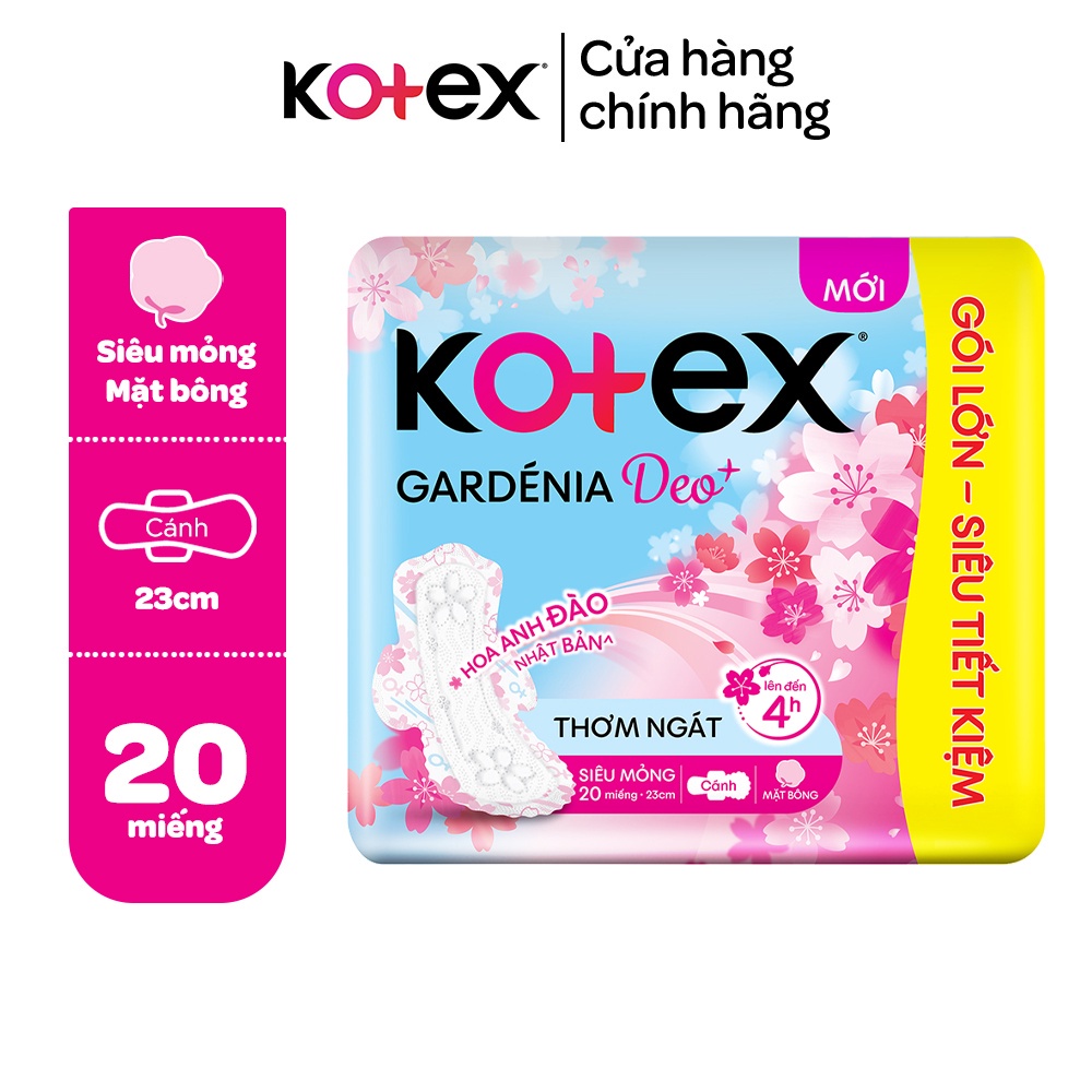 Băng vệ sinh KOTEX Gardenia Deo+ - Hoa Anh Đào siêu mỏng cánh 23cm 20 miếng