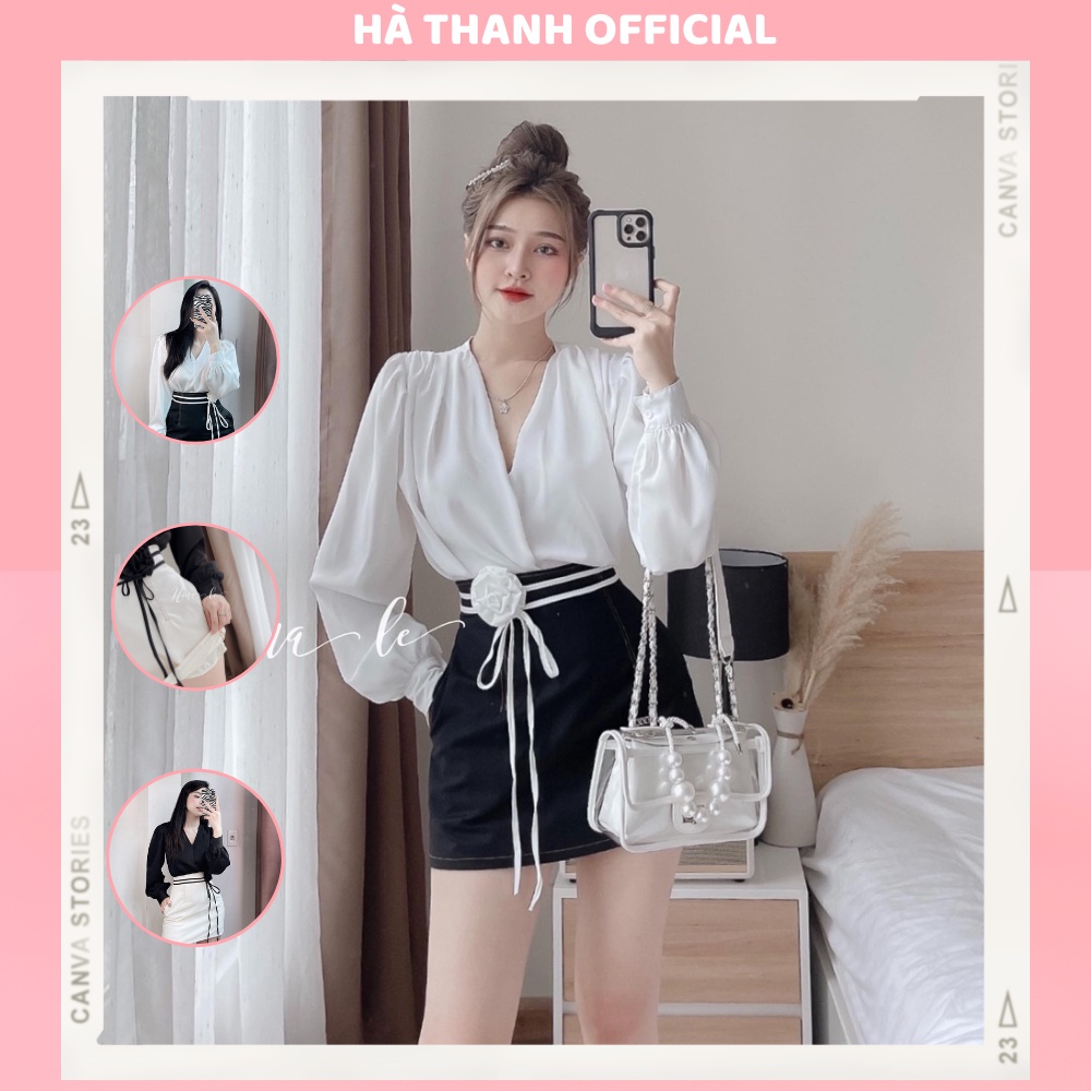 Áo sơ mi nữ trắng kiểu tay phồng chất lụa tằm phối cùng chân váy chữ A ngắn công sở kèm hoa và dây thắt eo siêu xinh