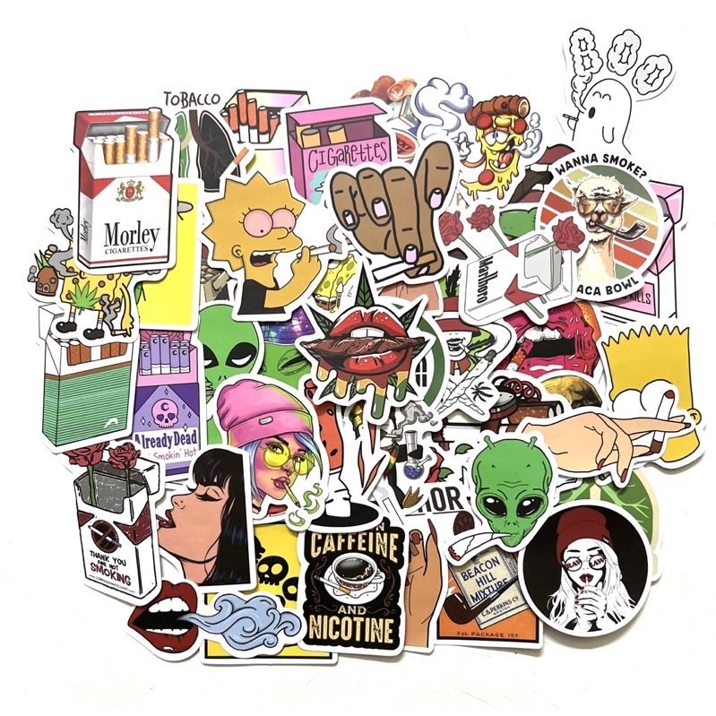 Set 50 sticker hình dán chủ đề T huốc L á dùng trang trí mũ bảo hiểm, laptop, ván trượt,…