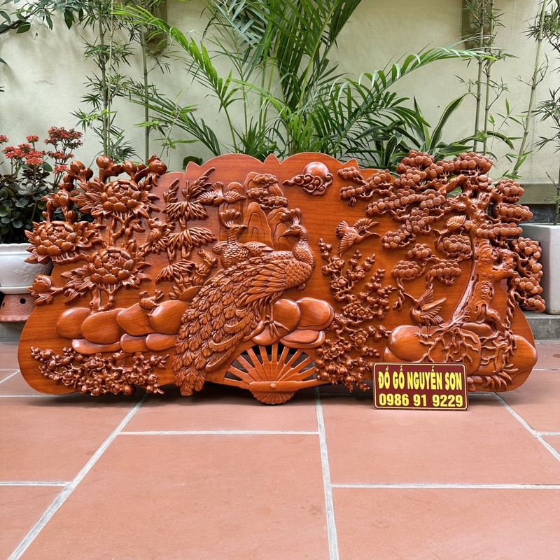 Tranh quạt treo tường gỗ hương mẫu phu thê viên mãn Sơn pu cao cấp