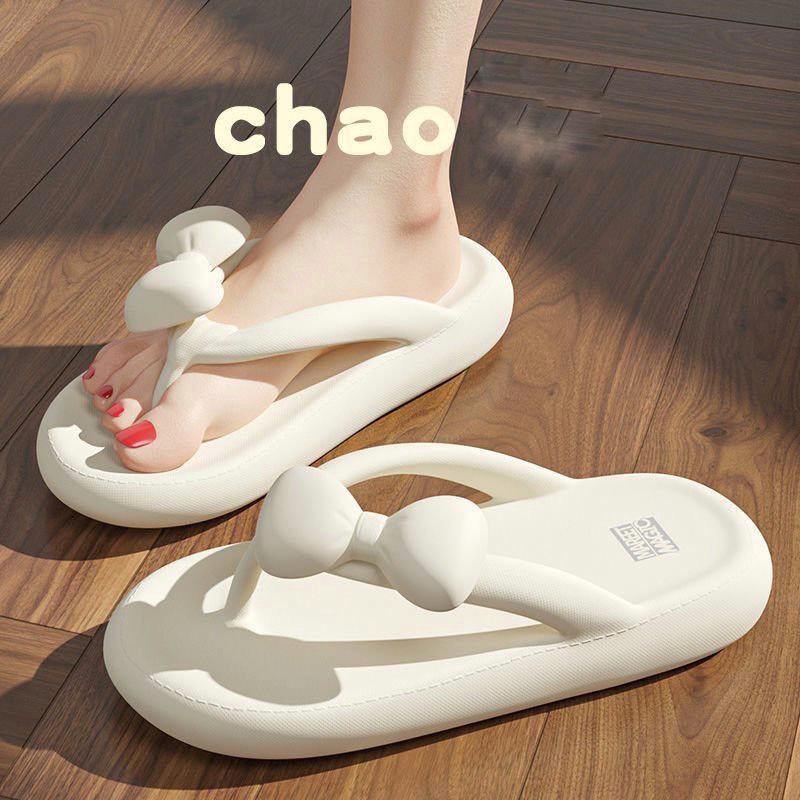 Dép tông xỏ ngón đính nơ đế bánh mỳ trắng đen đi biển mùa hè phong cách Hàn Quốc