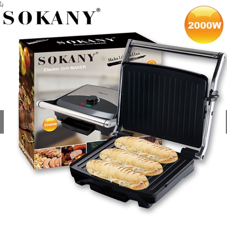 Máy kẹp nướng bánh mì, Máy ép bánh mỳ xúc xích có chỉnh nhiệt 2000W SOKANY [BH 12 Tháng