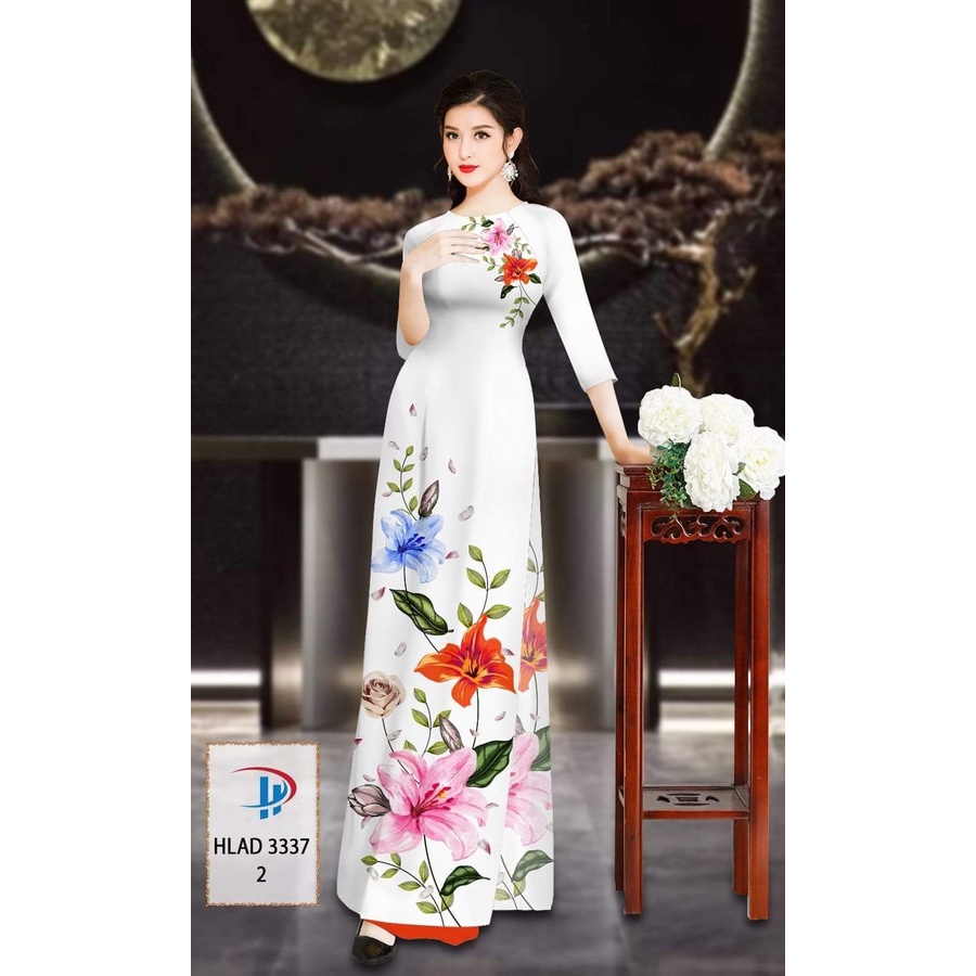 Áo dài nữ lụa Nhật MINH KHANG in 6D may sẵn in hình hoa quần màu da cam thiết kế sang trọng