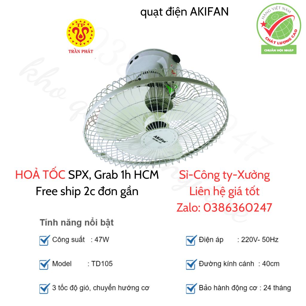 Quạt trần đảo AKIFan TD105, ship hoả tốc, bảo hành 24 tháng (senko,yanfan)