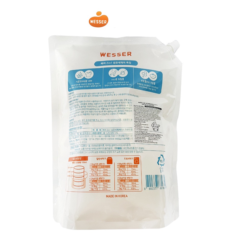 Nước giặt xả Wesser 2 trong 1 can 3000ml, túi 2100ml