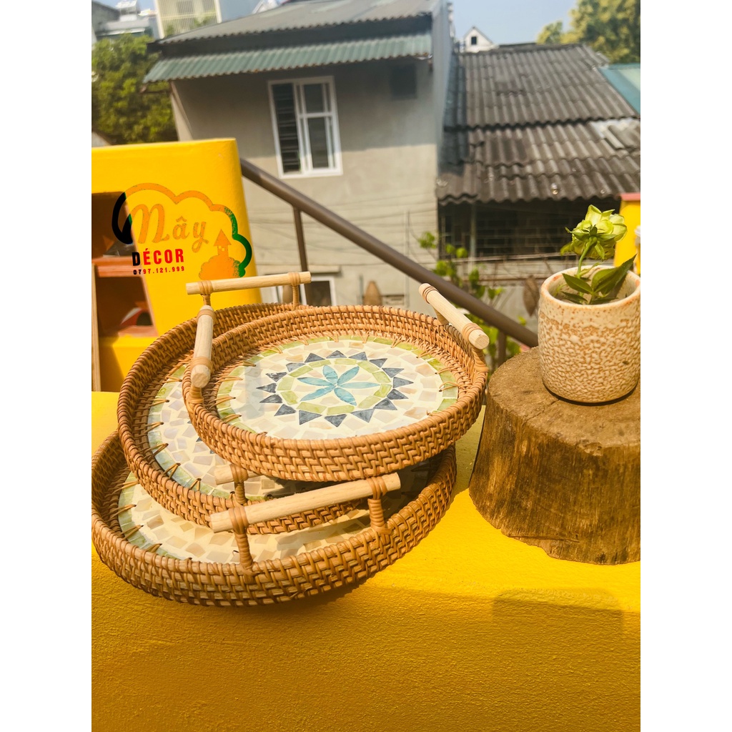 Khay mây guột đế khảm trai hàng thủ công