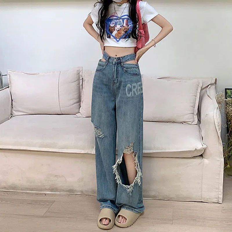 Jiashucheng Quần Jean Dài Lưng Cao Ống Rộng Phối Rách Cá Tính Dành Cho Nữ