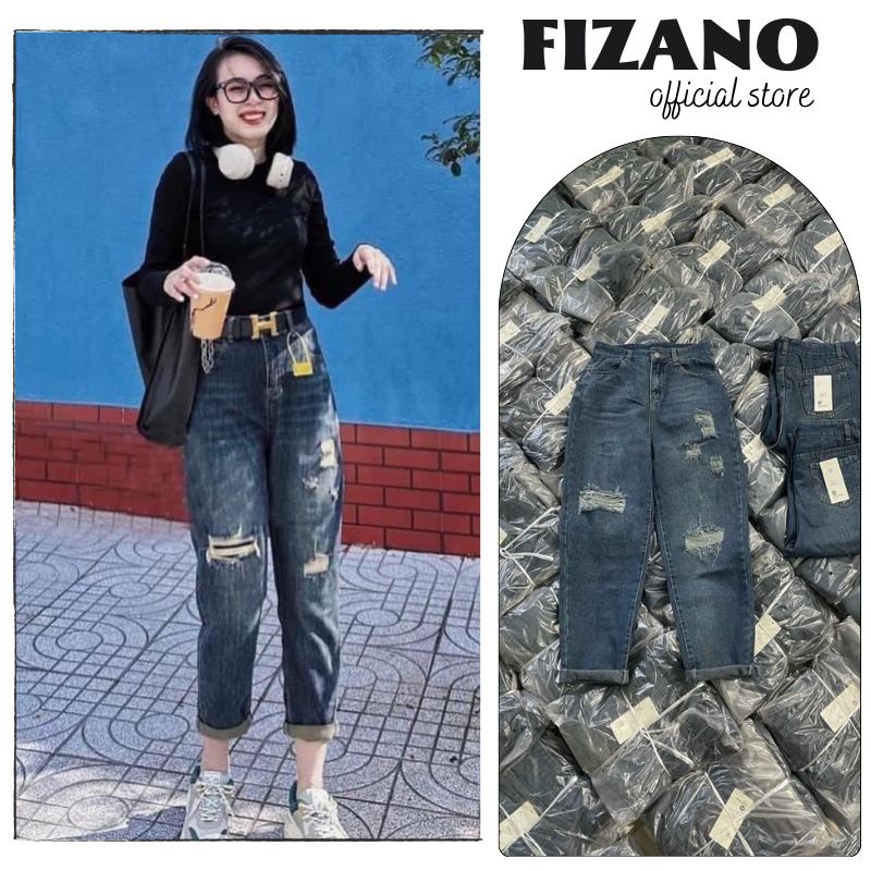 Quần jean nữ quần baggy bò cạp cao rách gối vải dày dặn lên form chuẩn xanh đậm Fizano