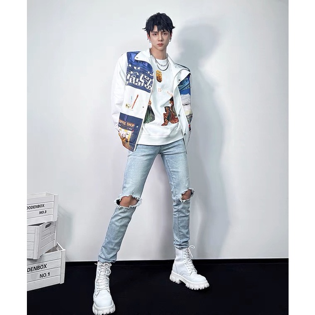 Quần jean nam streetwear cao cấp màu xanh rách gối to form slimfit jean thun co giãn
