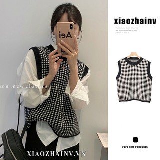 Xiaozhainv Áo Len Không Tay Dáng Rộng Họa Tiết Sọc Caro Phong Cách Retro Hàn Quốc