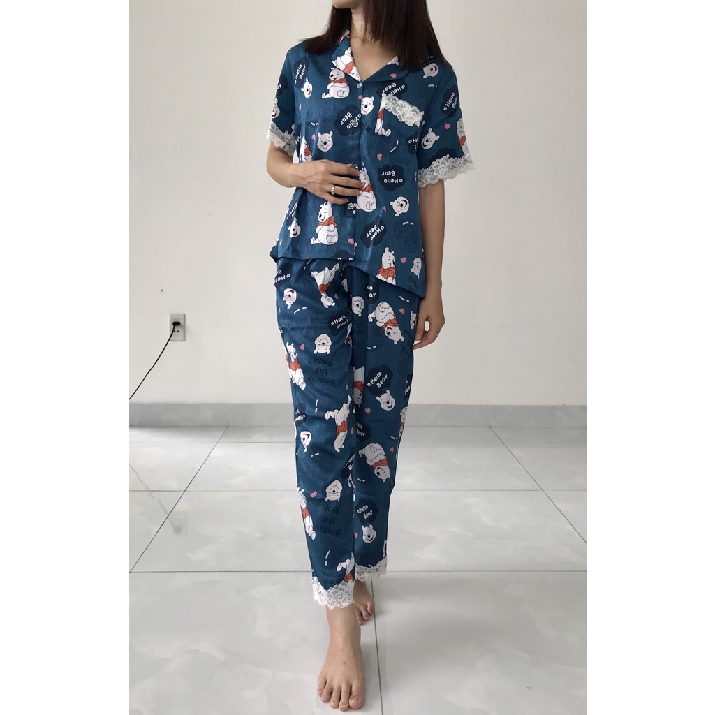 Bộ đồ ngủ nữ pijama cao cấp quần dài áo ngắn tay, chất lụa xước mềm mại