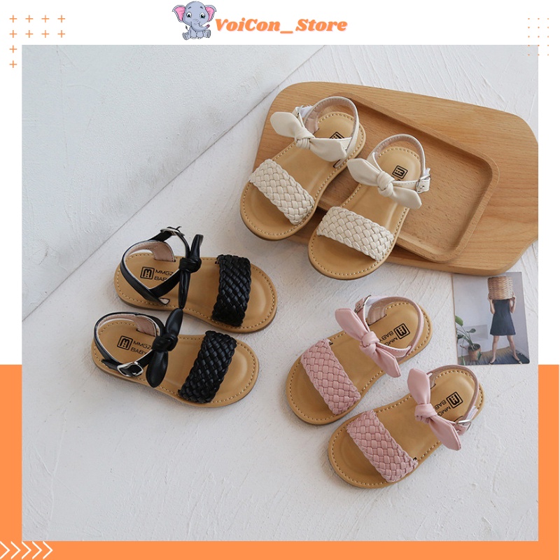 Xăng Đan Bé Gái, Dép Sandal Công Chúa Quai Da Đan Nơ Đế Mềm Siêu Êm Cho Bé 2-7 Tuổi (V732)