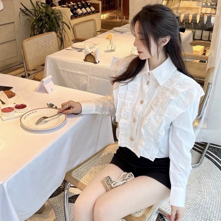 Áo Sơ mi Cao cấp Bèo Ngực Cemos Dáng Lửng Khuy Ngọc Siêu Xinh, Áo sơ mi tiểu thư Cao cấp Cemos