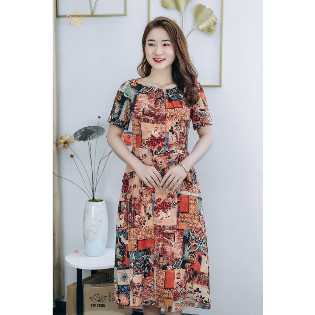Đầm xòe trung niên TTV1283 thiết kế Cổ xếp ly eo đính ngọc màu Cam họa tiết trẻ trung dạo phố
