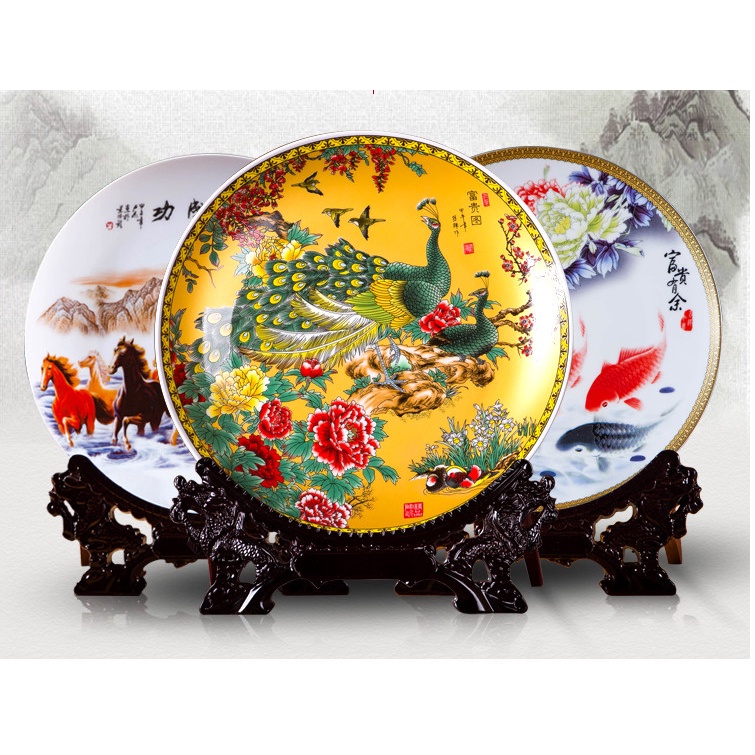 Đĩa gốm sứ bát mã mã đáo thành công trang trí phòng khách,bàn làm việc size 27 cm- đế gỗ