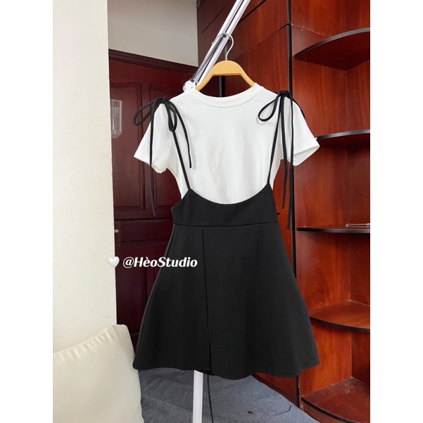 (Ảnh + Video Thật) Set Đầm Yếm Cột Nơ Kèm Áo Thun Hèo Studio