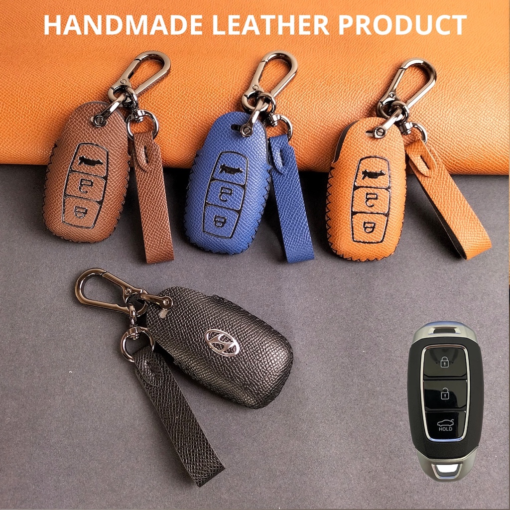 Bao da móc khoá bọc chìa khoá smartkey xe ô tô Hyundai Santafe Accent Kona da bò handmade móc đen HC