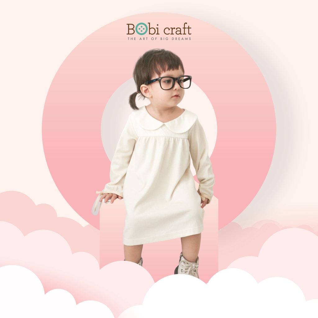 Quần áo trẻ em Bobicraft - Áo đầm bé gái cổ lá sen tay dài - Cotton hữu cơ organic an toàn