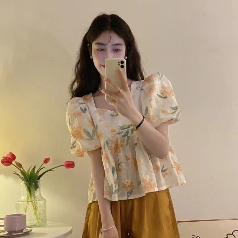 Áo Kiểu Tay Ngắn Phồng Cổ Vuông In Hoa Thời Trang Hàn Quốc Xinh Xắn Cho Nữ