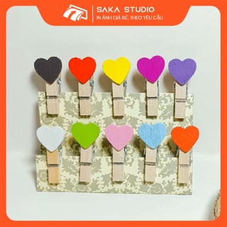Set 10 kẹp gỗ treo ảnh hình trái tim nhiều màu tặng dây treo