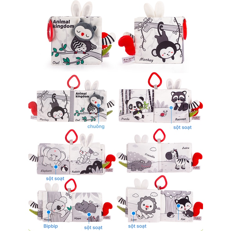 Sách vải đen trắng có đuôi giáo dục sớm kích thích thị giác trẻ sơ sinh Tololo T2