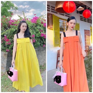 Đầm maxi dáng dài đi biển dây bản to thiết kế nơ ngực form rộng hai màu