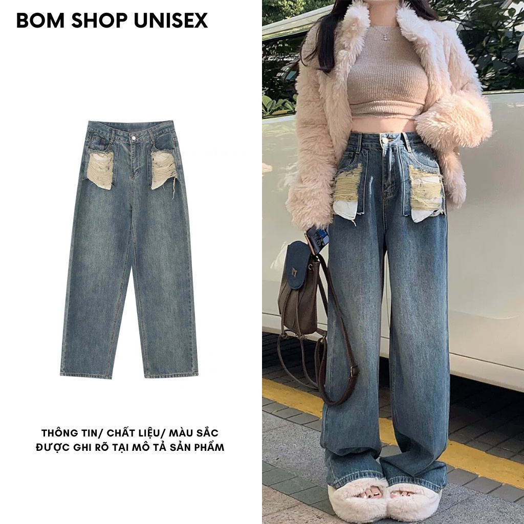 Quần Jean Ống Rộng Nữ Rách Túi Trendy Ulzzang Unisex Bomshopunisex