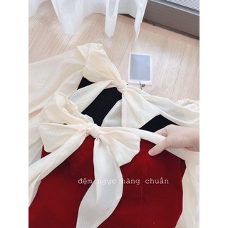 Vn980 - váy nhung trễ vai phối nơ be cúp ngực
