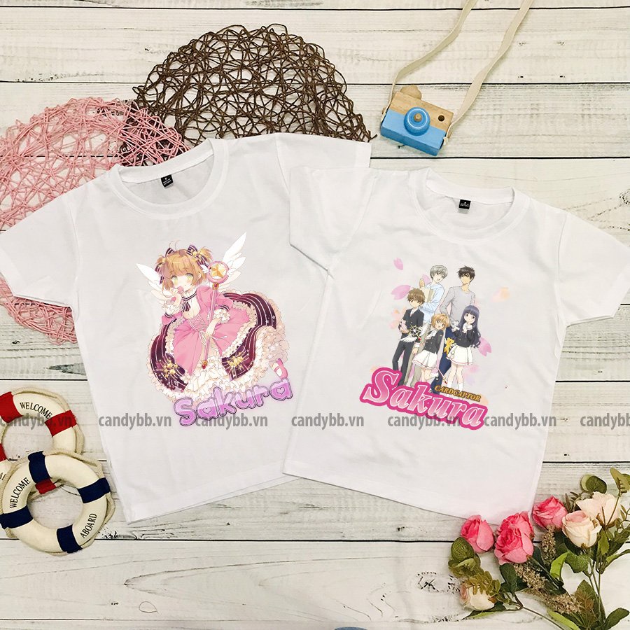 Áo thun trắng bé gái bé trai in hình Sakura Thủ lĩnh thẻ bài nhiều mẫu từ 10kg đến 65kg, áo phông trẻ em mềm mịn