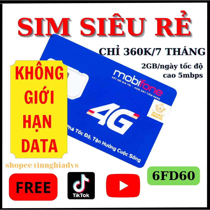 Sim 4G Mobifone FD60 -3FD60 - 6FD60 - 12D60 gói 75GB/tháng - sử dụng DATA 1 năm Phí gia hạn chỉ 60k/tháng