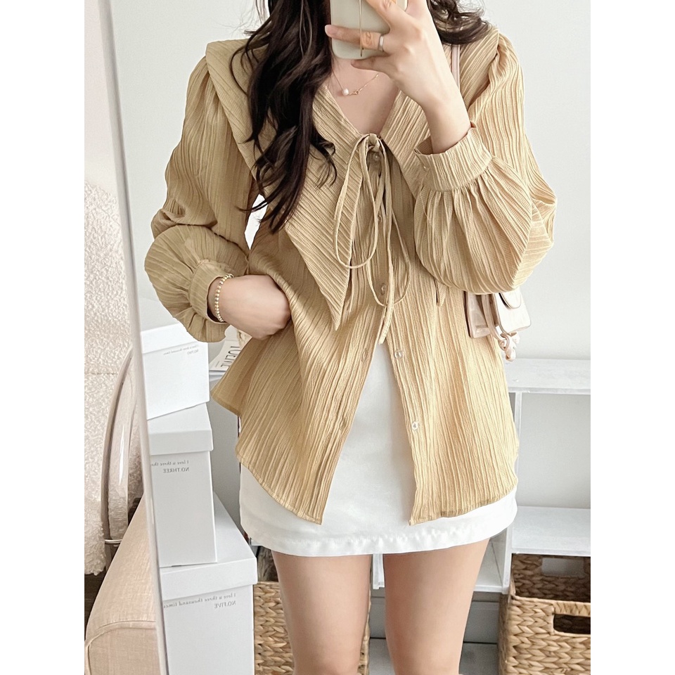 Áo sơ mi babydoll cổ nhòn buộc dây chất đũi gân mềm mát