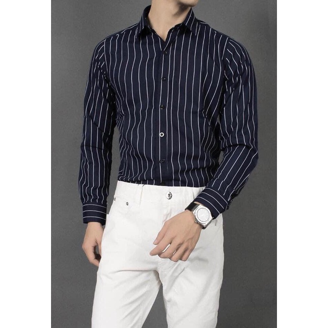 Sơ mi nam kẻ sọc xanh than lịch sự form body classic,đi học,đi làm,mặc âu phục sơ vin sang trọng,mát,ko nhăn.mồ hôi